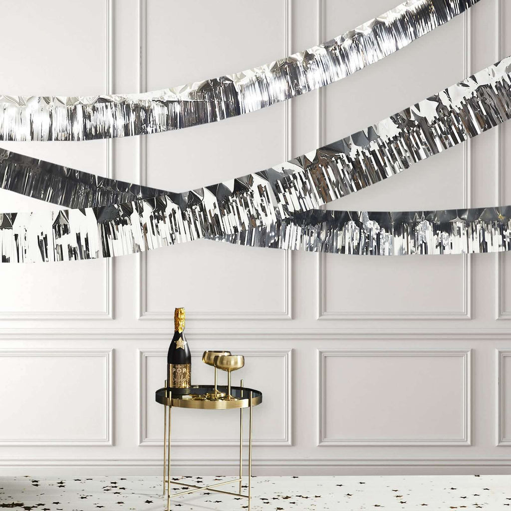 16ft Metallic Silver Foil Tassel Fringe Backdrop Banner, Tinsel Garland Decor