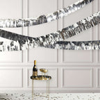 16ft Metallic Silver Foil Tassel Fringe Backdrop Banner, Tinsel Garland Decor