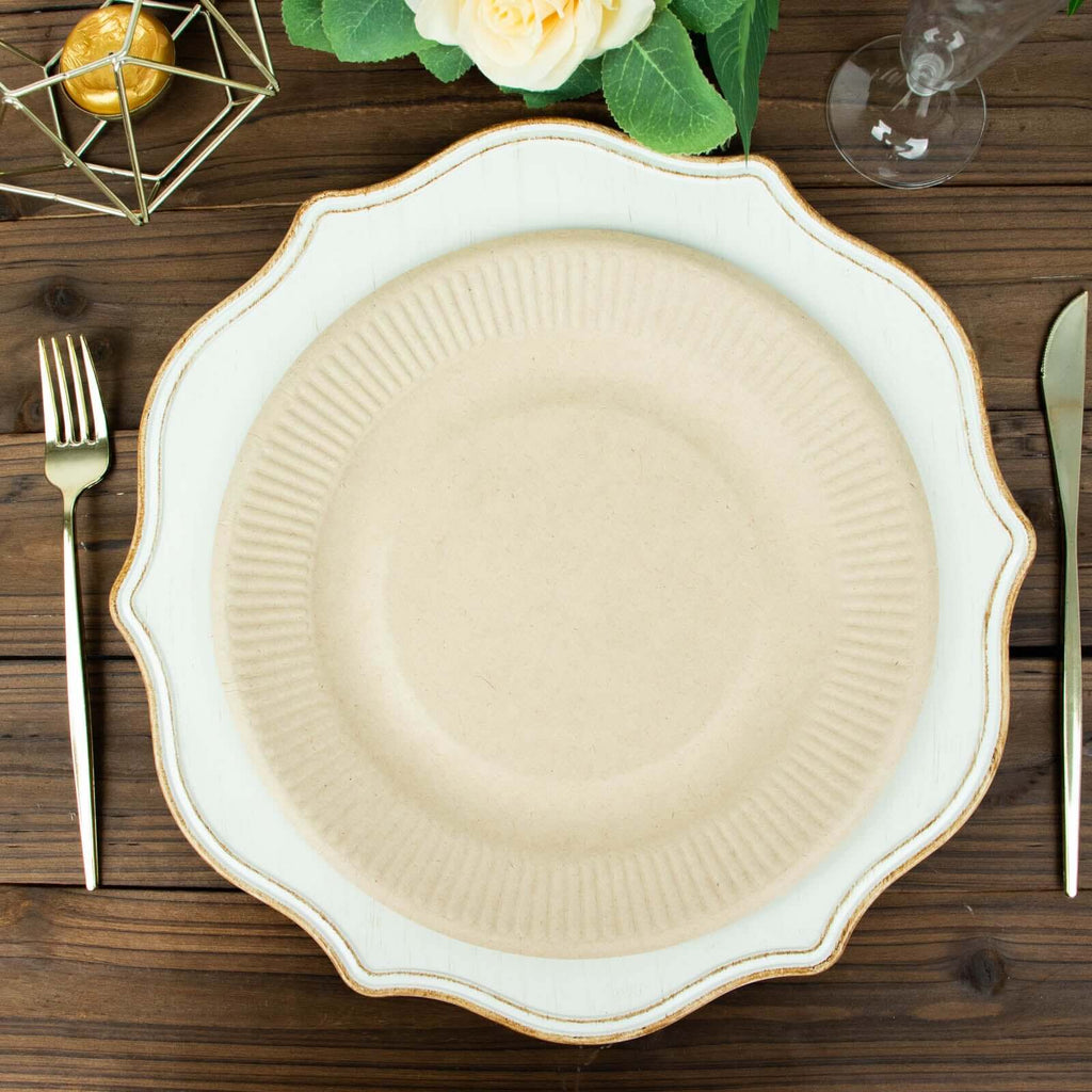 50-Pack Bagasse 10" Round Dinner Plates in Natural with Ribbed Rim - Eco Friendly Biodegradable Sugarcane Party Plates for Events