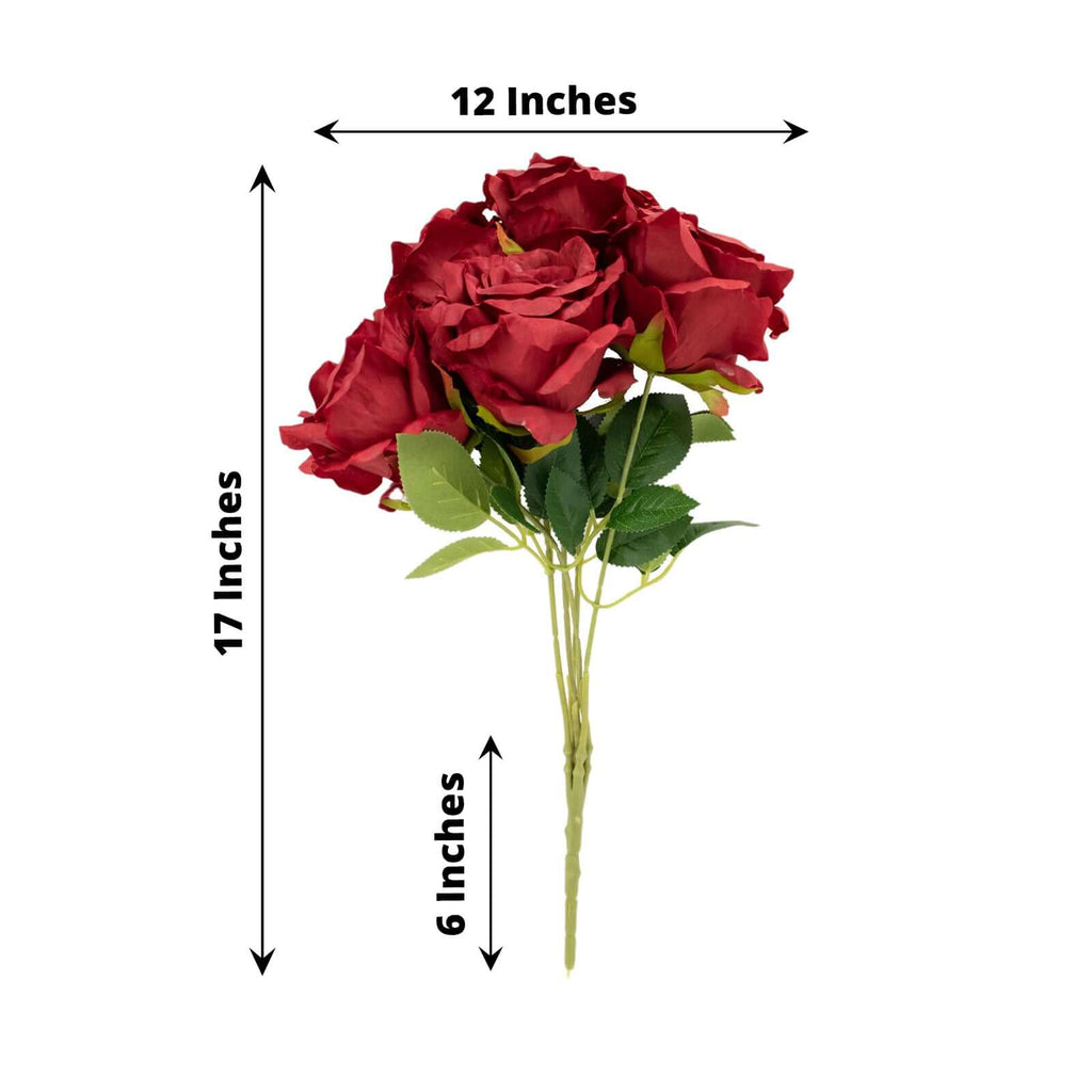 2 Bushes 17" Burgundy Premium Silk Jumbo Rose Flower Bouquet, High Quality Artificial Wedding Floral Arrangements