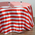 Satin 120" Round Tablecloth Red/White - Stripe Design with Seamless Silky Smooth Finish Table Cover