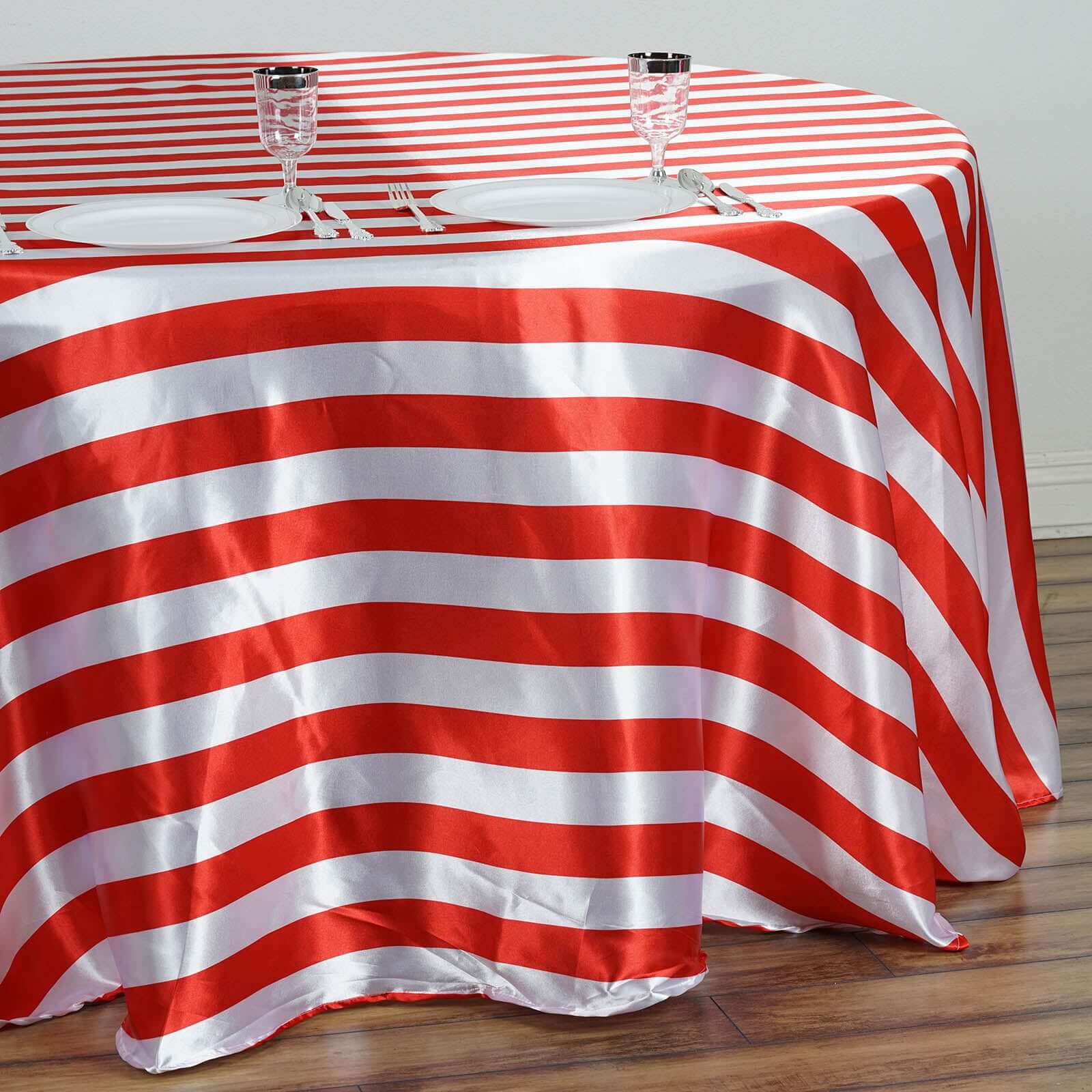 Satin 120" Round Tablecloth Red/White - Stripe Design with Seamless Silky Smooth Finish Table Cover