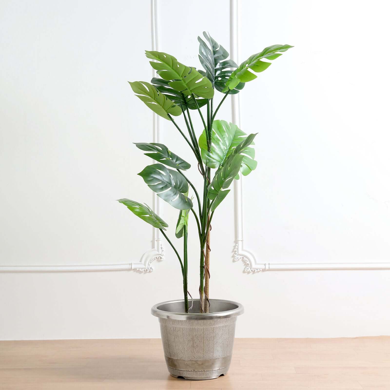 14" Silver Chrome Finished Rim Large Barrel Planter Pot, Indoor Outdoor Decorative Flower Pot