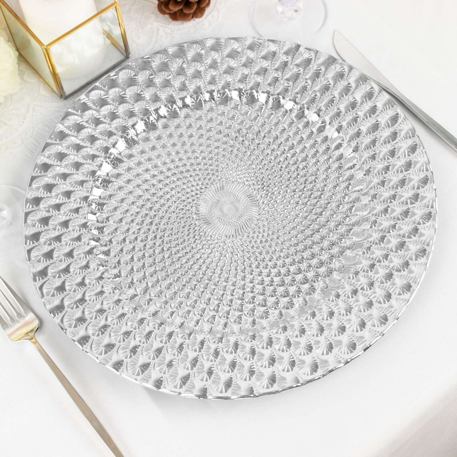 6-Pack Plastic Round Charger Plates 13" in Silver with Peacock Pattern, Exquisite Decorative Dinner Party Charger Tableware