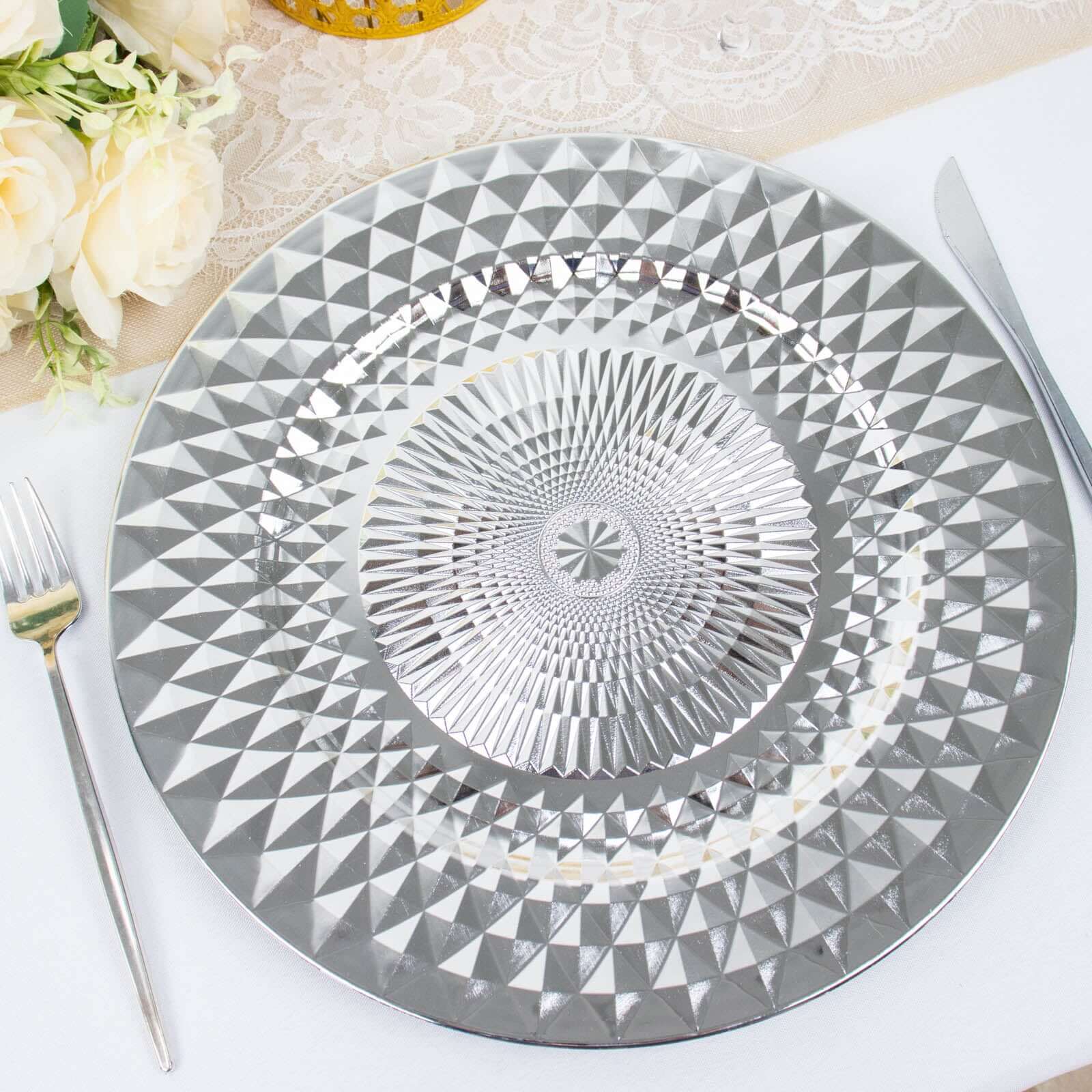 6-Pack Plastic Round Charger Plates 13" in Silver with Diamond Pattern, Sparkling Disposable Dinner Charger Tableware