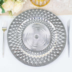 6-Pack Plastic Round Charger Plates 13" in Silver with Diamond Pattern, Sparkling Disposable Dinner Charger Tableware