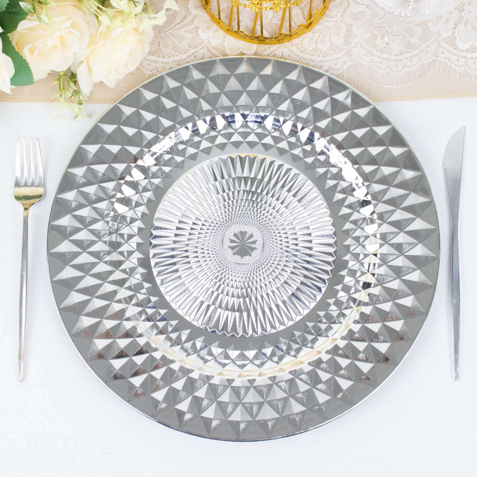 6-Pack Plastic Round Charger Plates 13" in Silver with Diamond Pattern, Sparkling Disposable Dinner Charger Tableware