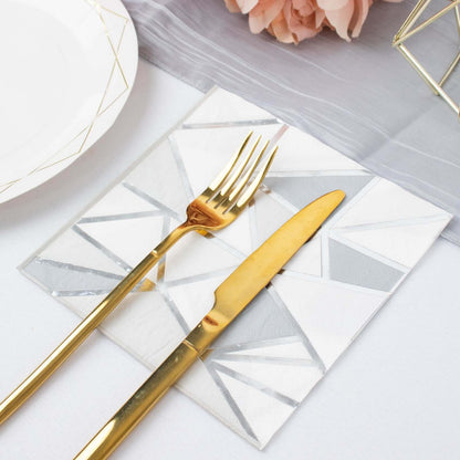 20-Pack Paper Party Napkins with Geometric Silver Foil Print - 2 Ply Soft Disposable Beverage Napkins for Weddings 6.5"x6.5"