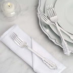 24-Pack Plastic Forks Baroque Style Metallic Silver - Heavy Duty Disposable Silverware 8"