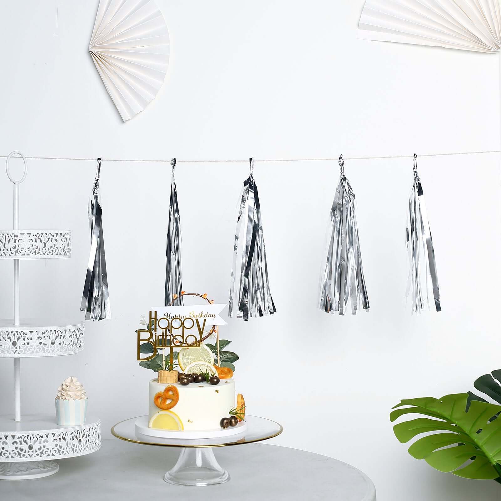 7.5ft Long Metallic Silver Foil Tassels Fringe Garland, Tinsel Streamer Party Backdrop Decorations