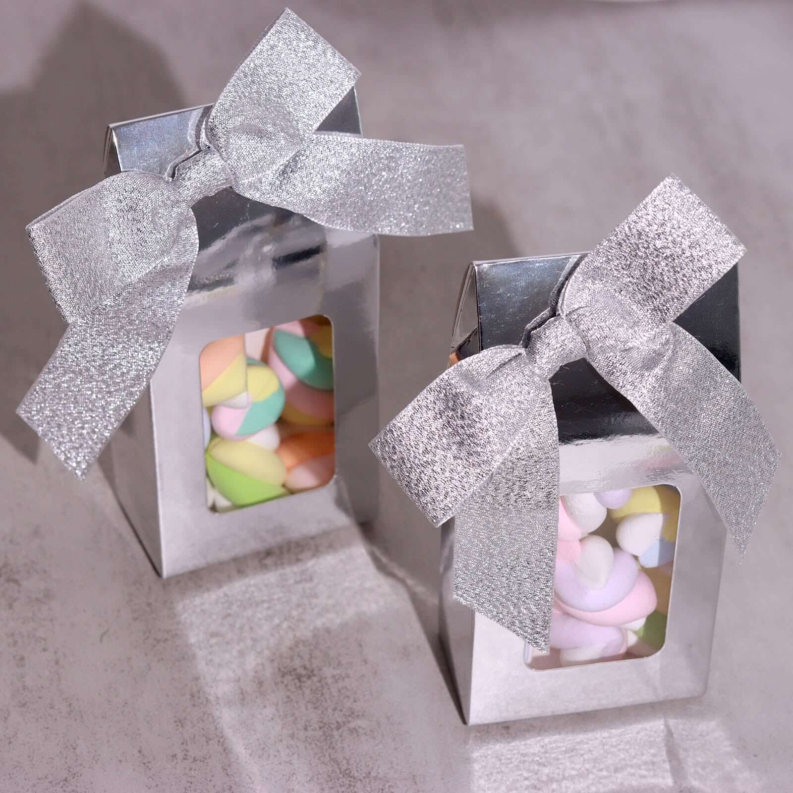 50 Pcs 4" Nylon Ribbon Bows With Twist Ties, Gift Basket Party Favor Bags Decor - Silver Glitter Design