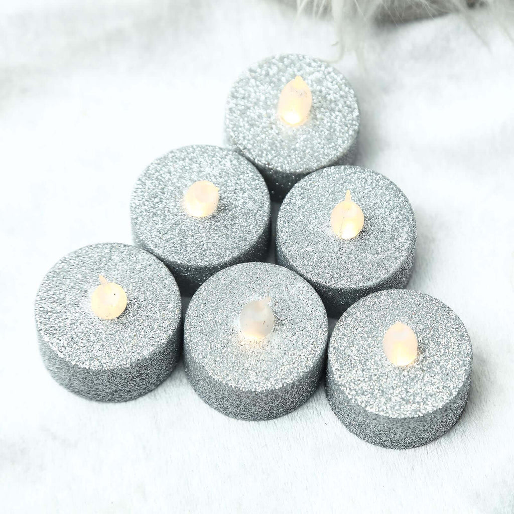 12-Pack LED Tealight Candles Glitter Silver Design - Flameless Battery Operated Tea Lights