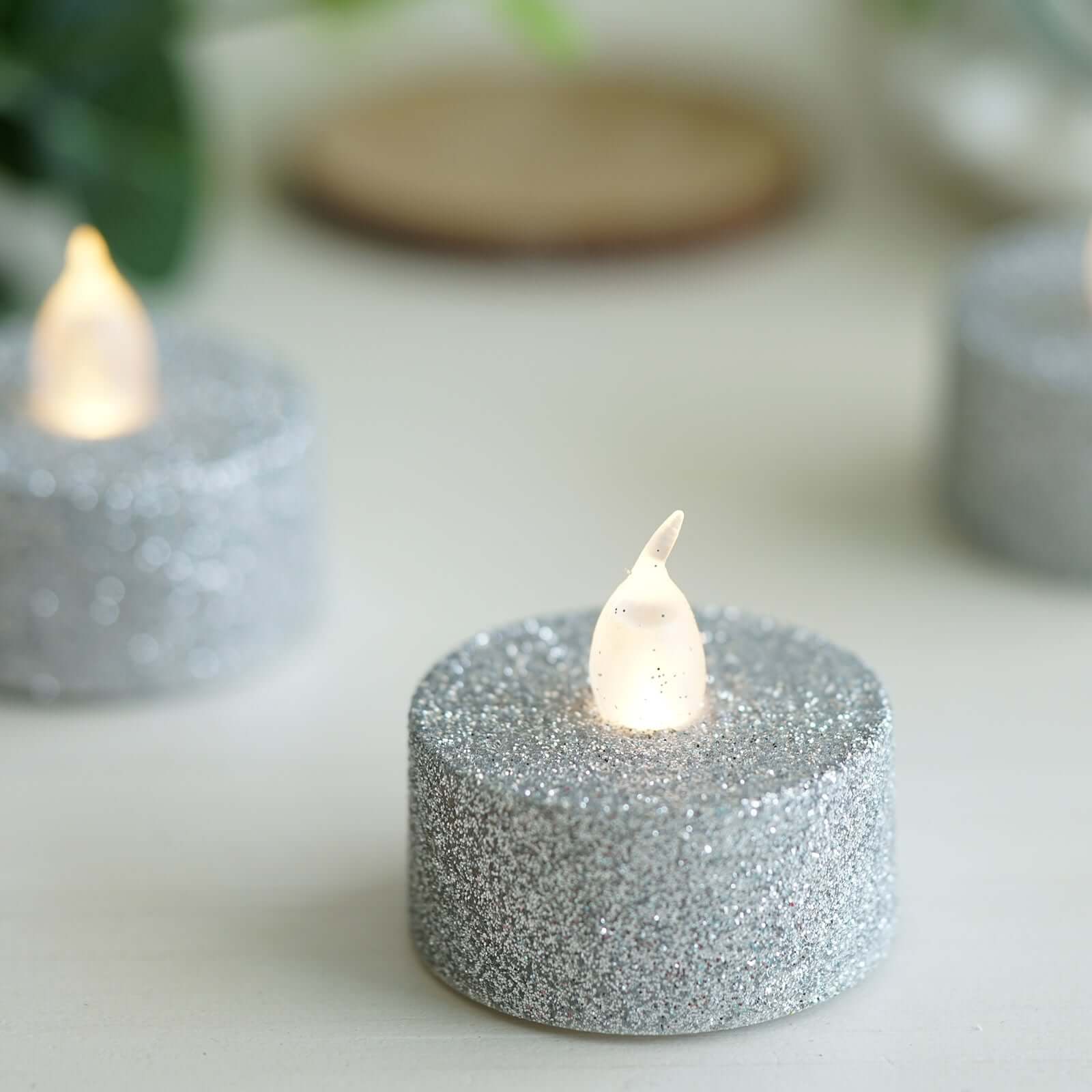 12-Pack LED Tealight Candles Glitter Silver Design - Flameless Battery Operated Tea Lights