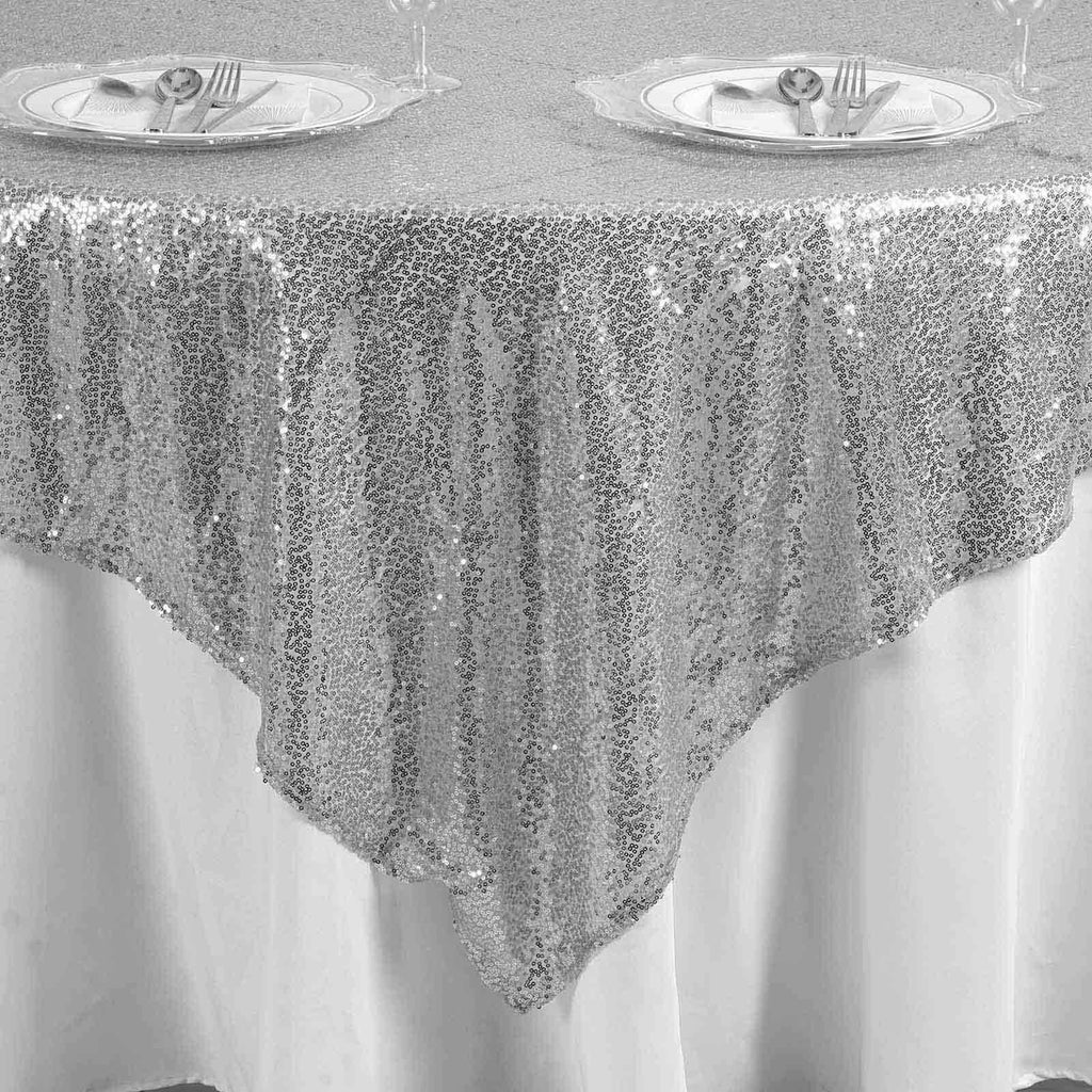 Sequin 90"x90" Table Overlay Square Tablecloth Silver - Sparkly Table Cover