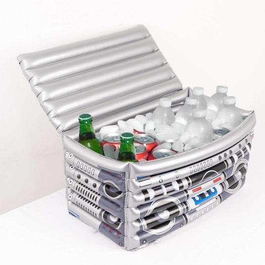 Silver Inflatable Ice Beverage Cooler with 80's Boom Box Design - Party Drink Container for Pool Events 24"x12" - Bell Racket Store
