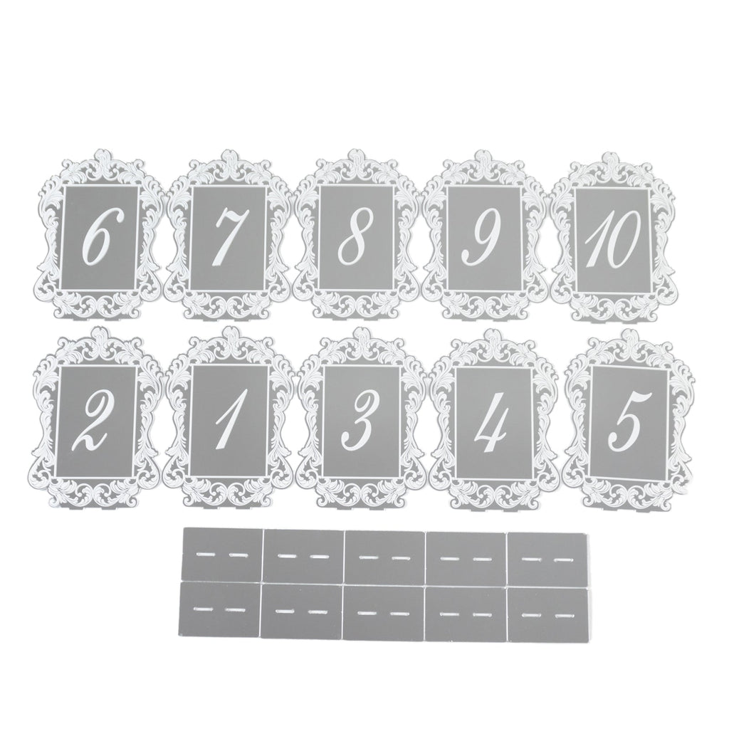 Silver Mirror Arch Acrylic Table Numbers (1 - 10) - 5"x7" Wedding Reception Signs with Baroque Lace Border, White Print & Stands - Bell Racket Store