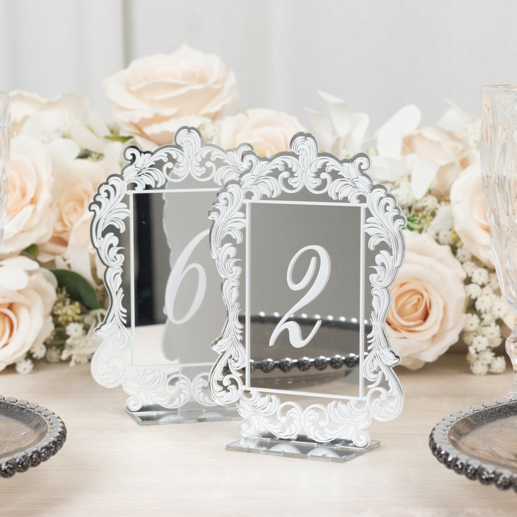 Silver Mirror Arch Acrylic Table Numbers (1 - 10) - 5"x7" Wedding Reception Signs with Baroque Lace Border, White Print & Stands - Bell Racket Store