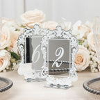 Silver Mirror Arch Acrylic Table Numbers (1 - 10) - 5"x7" Wedding Reception Signs with Baroque Lace Border, White Print & Stands - Bell Racket Store