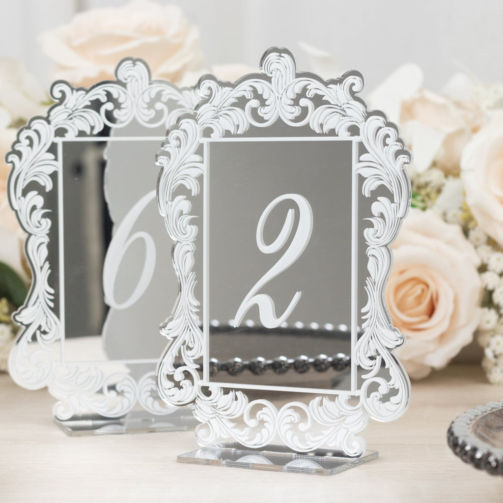 Silver Mirror Arch Acrylic Table Numbers (1 - 10) - 5"x7" Wedding Reception Signs with Baroque Lace Border, White Print & Stands - Bell Racket Store
