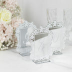 Silver Mirror Arch Acrylic Table Numbers (1 - 10) - 5"x7" Wedding Reception Signs with Baroque Lace Border, White Print & Stands - Bell Racket Store