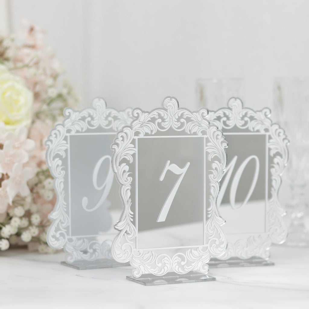 Silver Mirror Arch Acrylic Table Numbers (1 - 10) - 5"x7" Wedding Reception Signs with Baroque Lace Border, White Print & Stands - Bell Racket Store