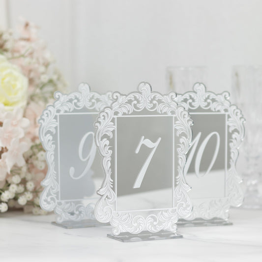 Silver Mirror Arch Acrylic Table Numbers (1 - 10) - 5"x7" Wedding Reception Signs with Baroque Lace Border, White Print & Stands - Bell Racket Store