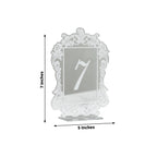 Silver Mirror Arch Acrylic Table Numbers (1 - 10) - 5"x7" Wedding Reception Signs with Baroque Lace Border, White Print & Stands - Bell Racket Store