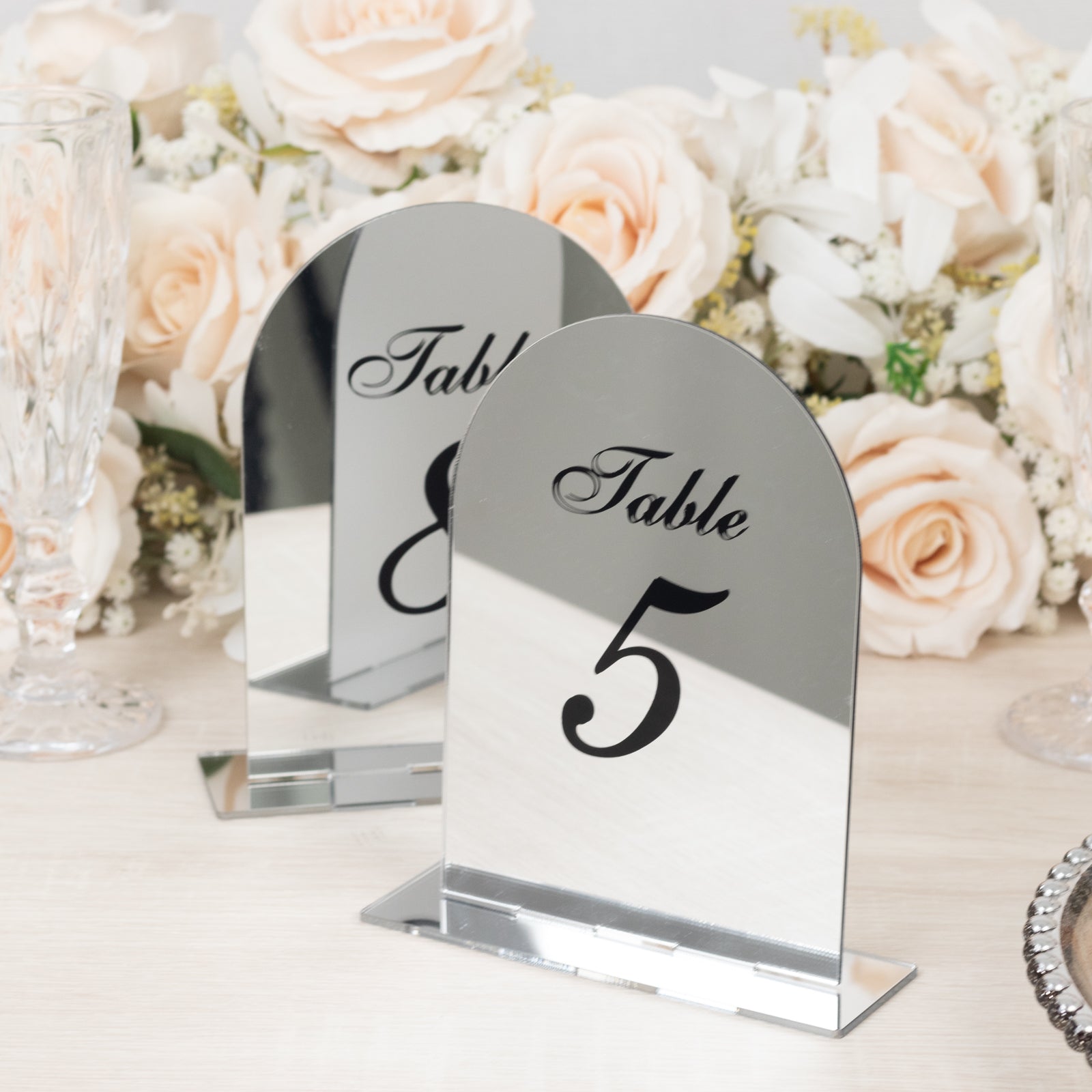 Silver Mirror Arch Acrylic Table Numbers (1 - 10) - 6"x7" Wedding Reception Signs with Black Print & Stands - Bell Racket Store