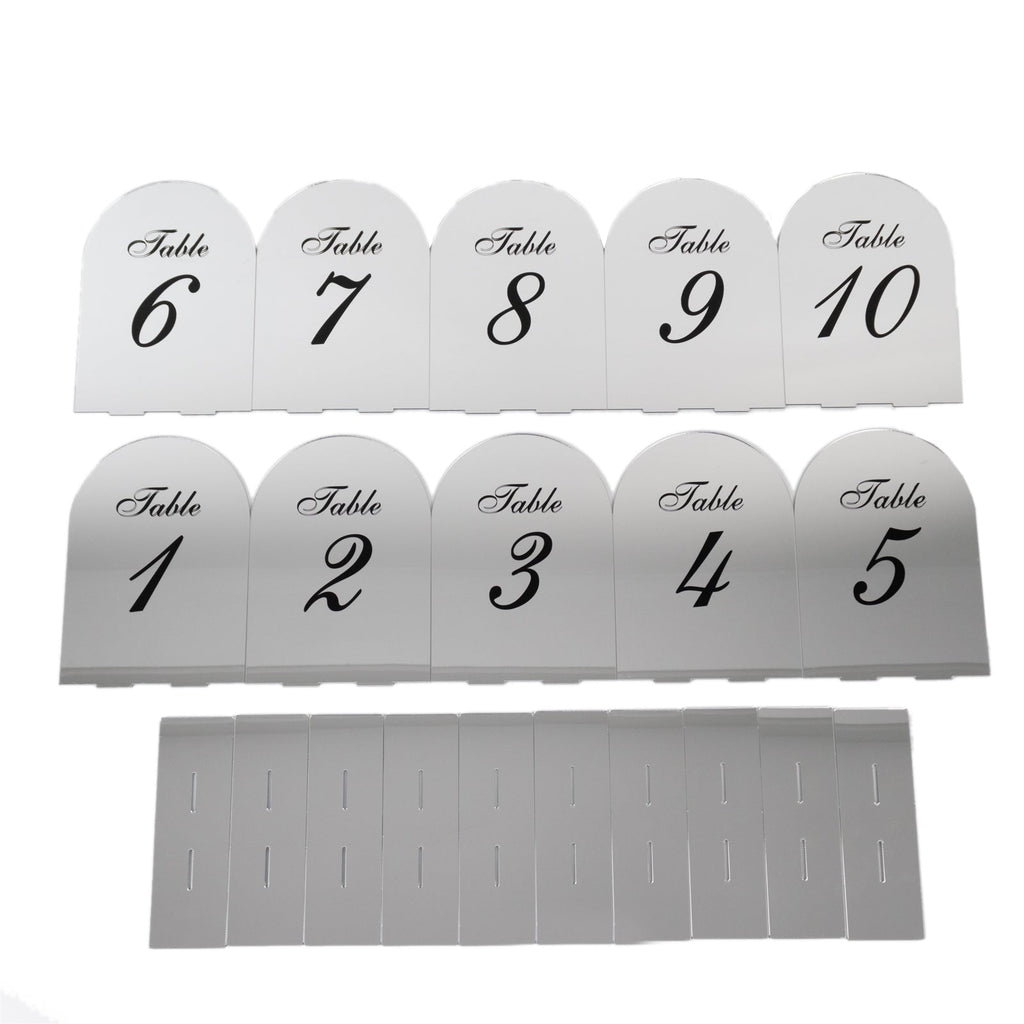 Silver Mirror Arch Acrylic Table Numbers (1 - 10) - 6"x7" Wedding Reception Signs with Black Print & Stands - Bell Racket Store