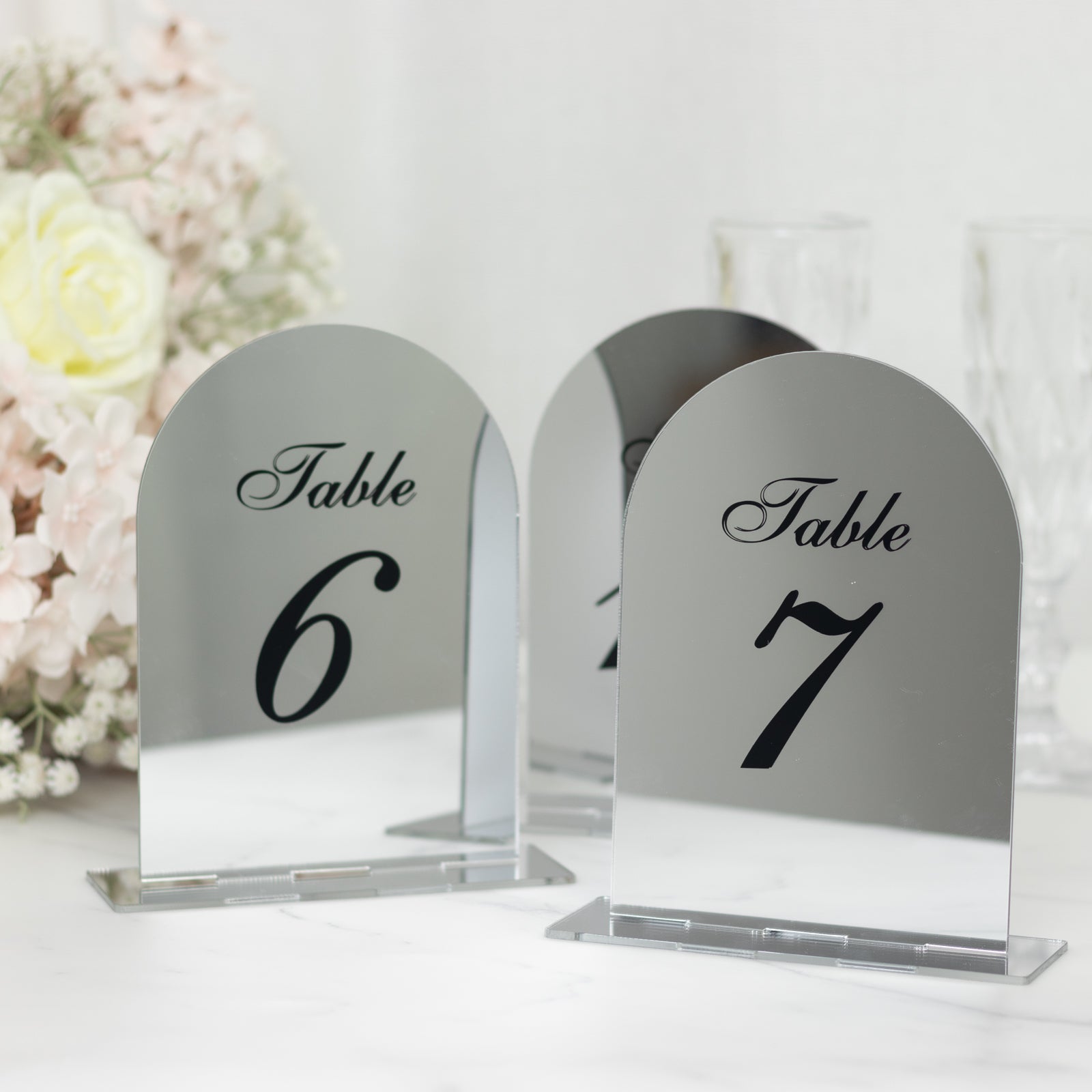 Silver Mirror Arch Acrylic Table Numbers (1 - 10) - 6"x7" Wedding Reception Signs with Black Print & Stands - Bell Racket Store
