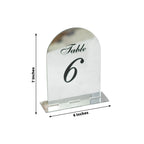 Silver Mirror Arch Acrylic Table Numbers (1 - 10) - 6"x7" Wedding Reception Signs with Black Print & Stands - Bell Racket Store
