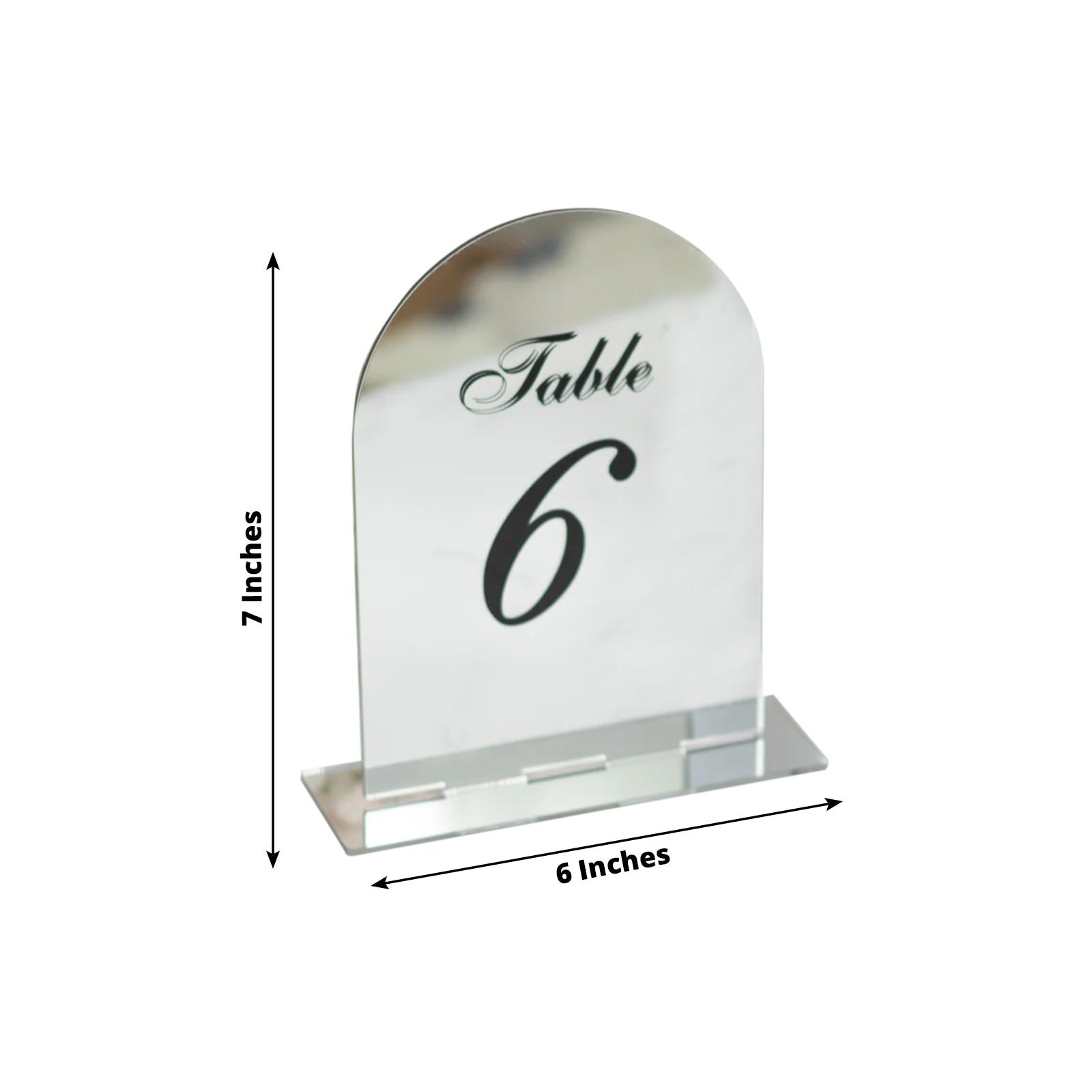Silver Mirror Arch Acrylic Table Numbers (1 - 10) - 6"x7" Wedding Reception Signs with Black Print & Stands - Bell Racket Store