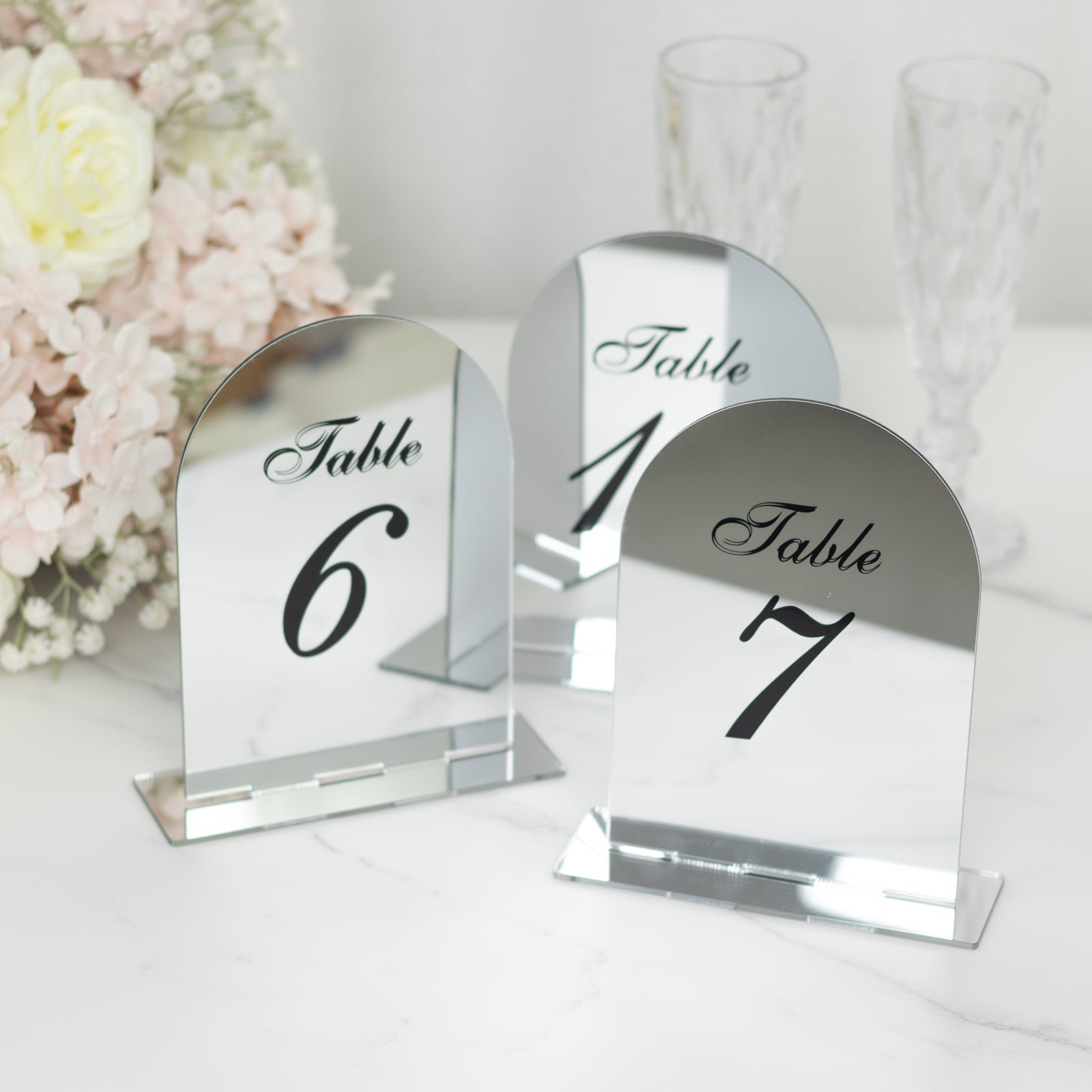 Silver Mirror Arch Acrylic Table Numbers (1 - 10) - 6"x7" Wedding Reception Signs with Black Print & Stands - Bell Racket Store