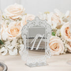 Silver Mirror Arch Acrylic Table Numbers (11 - 20) - 5"x7" Wedding Reception Signs with Baroque Lace Border, White Print & Stands - Bell Racket Store