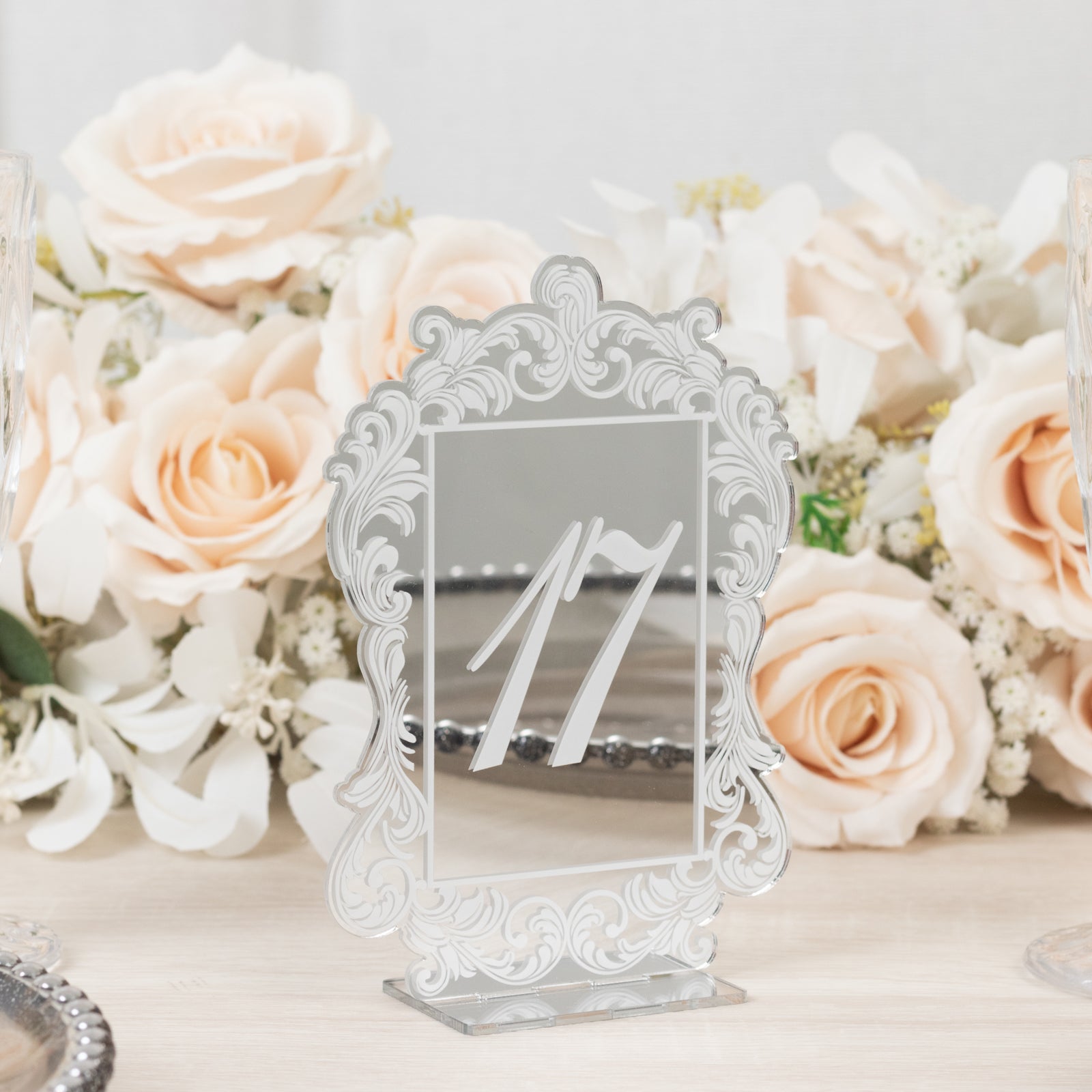 Silver Mirror Arch Acrylic Table Numbers (11 - 20) - 5"x7" Wedding Reception Signs with Baroque Lace Border, White Print & Stands - Bell Racket Store