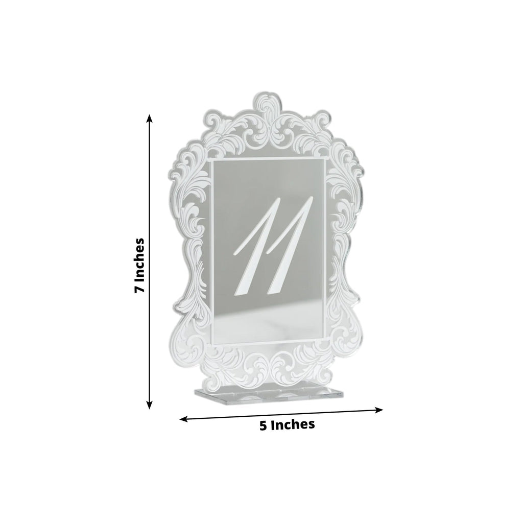 Silver Mirror Arch Acrylic Table Numbers (11 - 20) - 5"x7" Wedding Reception Signs with Baroque Lace Border, White Print & Stands - Bell Racket Store