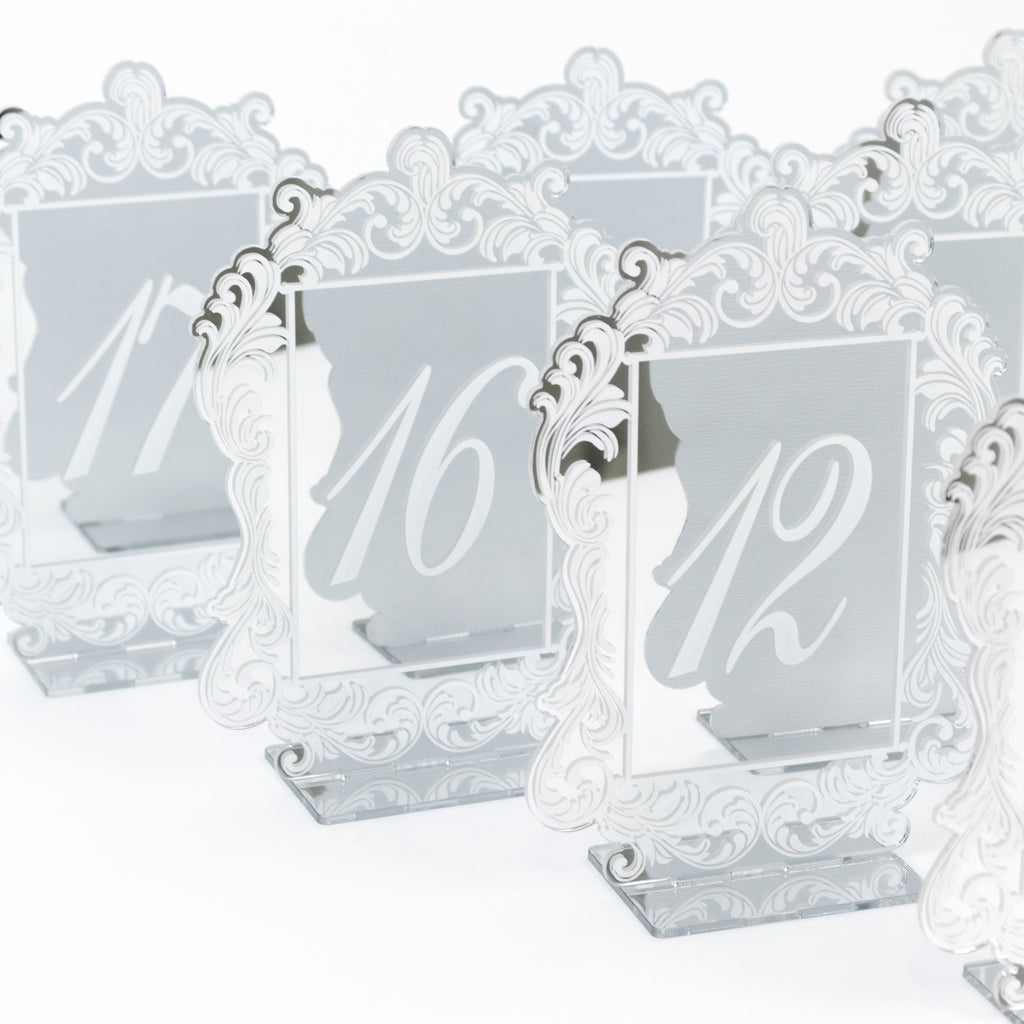 Silver Mirror Arch Acrylic Table Numbers (11 - 20) - 5"x7" Wedding Reception Signs with Baroque Lace Border, White Print & Stands - Bell Racket Store