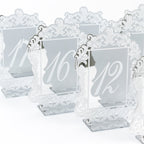 Silver Mirror Arch Acrylic Table Numbers (11 - 20) - 5"x7" Wedding Reception Signs with Baroque Lace Border, White Print & Stands - Bell Racket Store