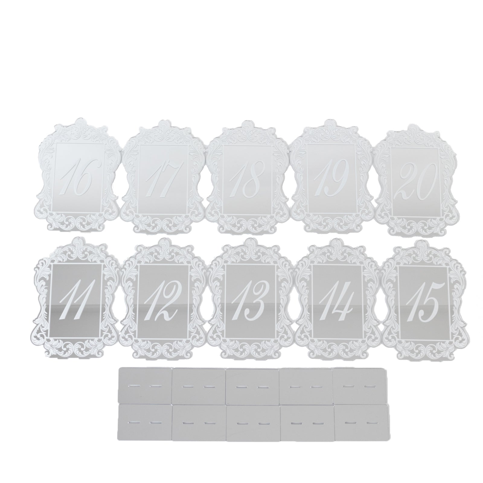 Silver Mirror Arch Acrylic Table Numbers (11 - 20) - 5"x7" Wedding Reception Signs with Baroque Lace Border, White Print & Stands - Bell Racket Store