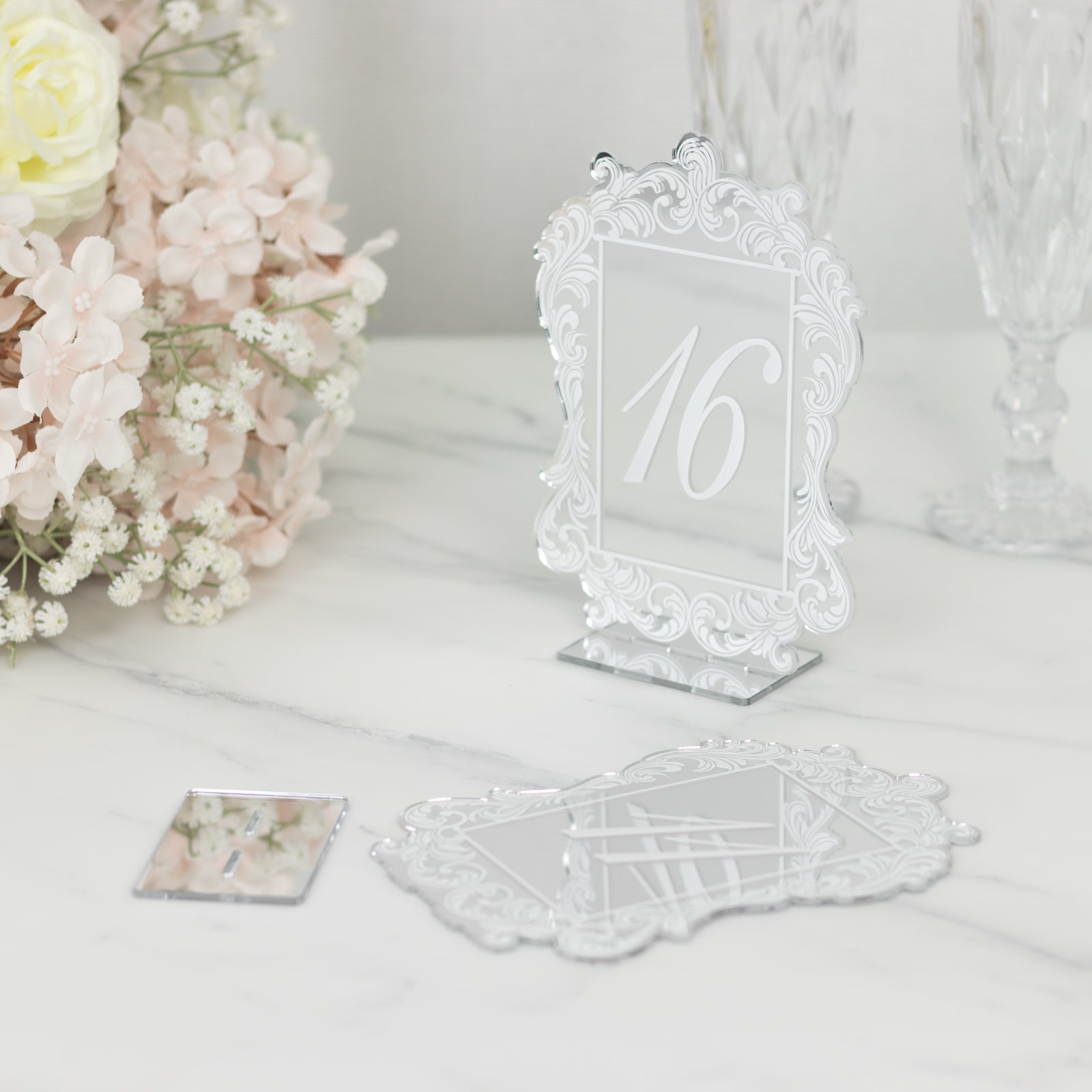 Silver Mirror Arch Acrylic Table Numbers (11 - 20) - 5"x7" Wedding Reception Signs with Baroque Lace Border, White Print & Stands - Bell Racket Store