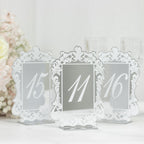 Silver Mirror Arch Acrylic Table Numbers (11 - 20) - 5"x7" Wedding Reception Signs with Baroque Lace Border, White Print & Stands - Bell Racket Store