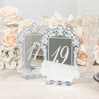 Silver Mirror Arch Acrylic Table Numbers (11 - 20) - 5"x7" Wedding Reception Signs with Baroque Lace Border, White Print & Stands - Bell Racket Store