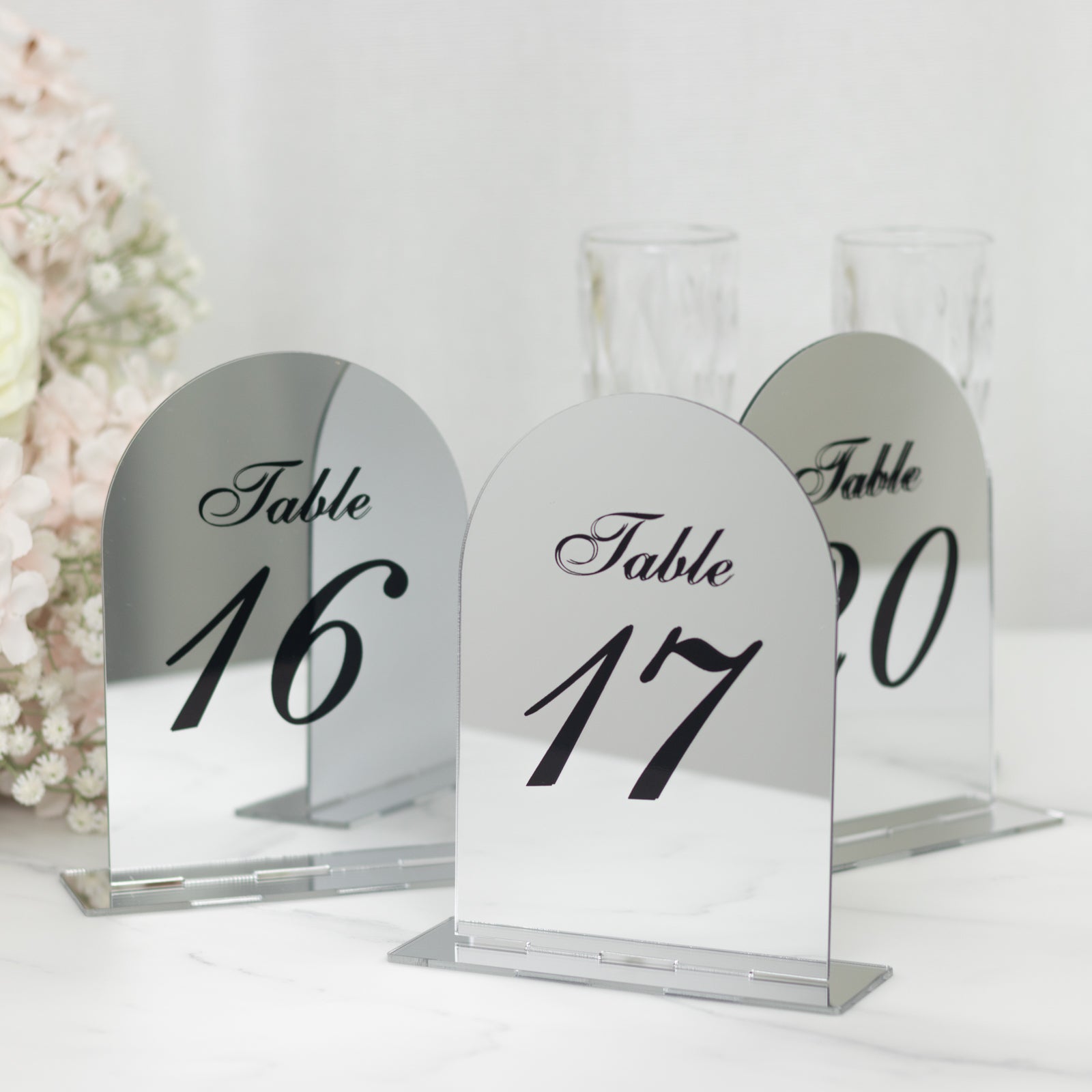 Silver Mirror Arch Acrylic Table Numbers (11 - 20) - 6"x7" Wedding Reception Signs with Black Print & Stands - Bell Racket Store