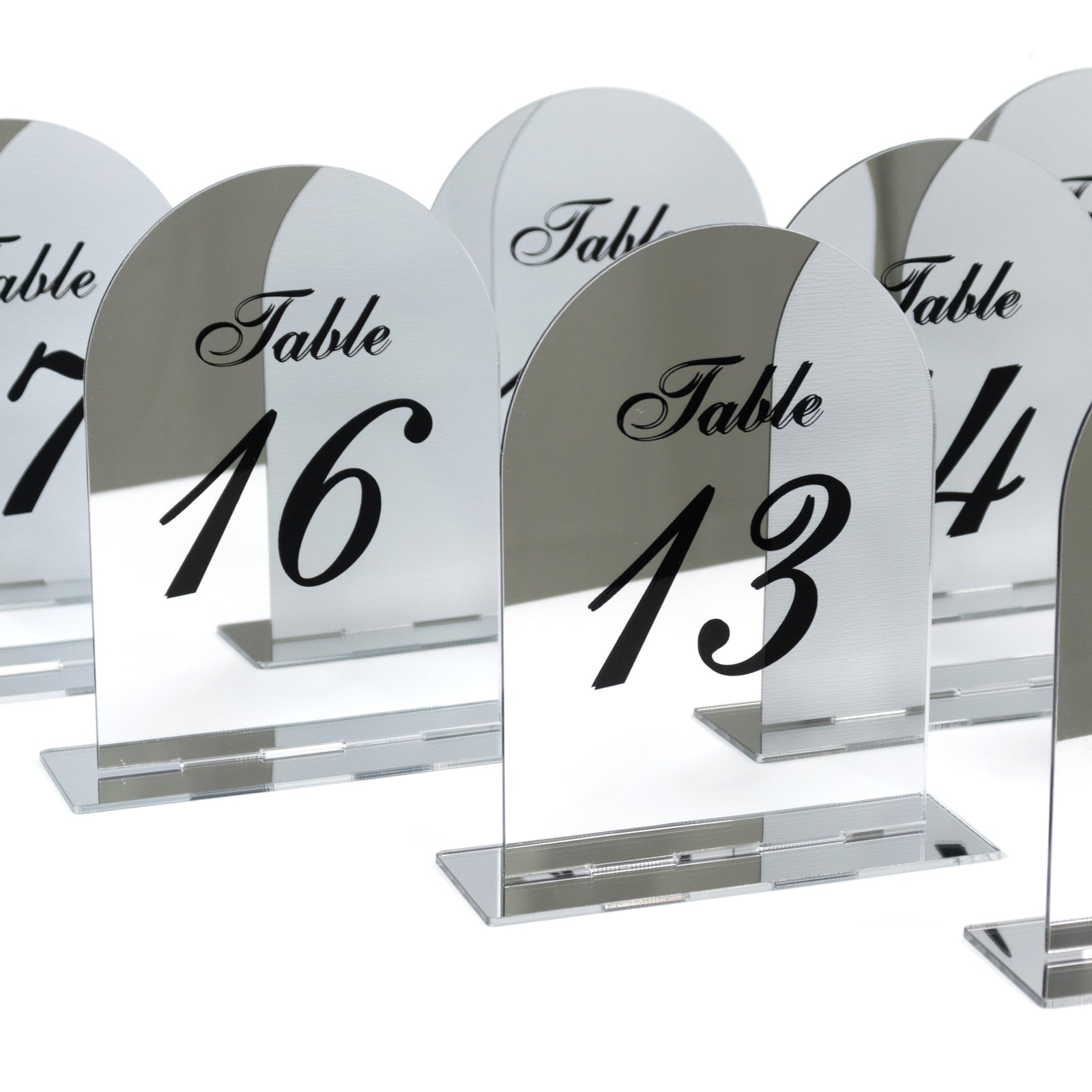 Silver Mirror Arch Acrylic Table Numbers (11 - 20) - 6"x7" Wedding Reception Signs with Black Print & Stands - Bell Racket Store