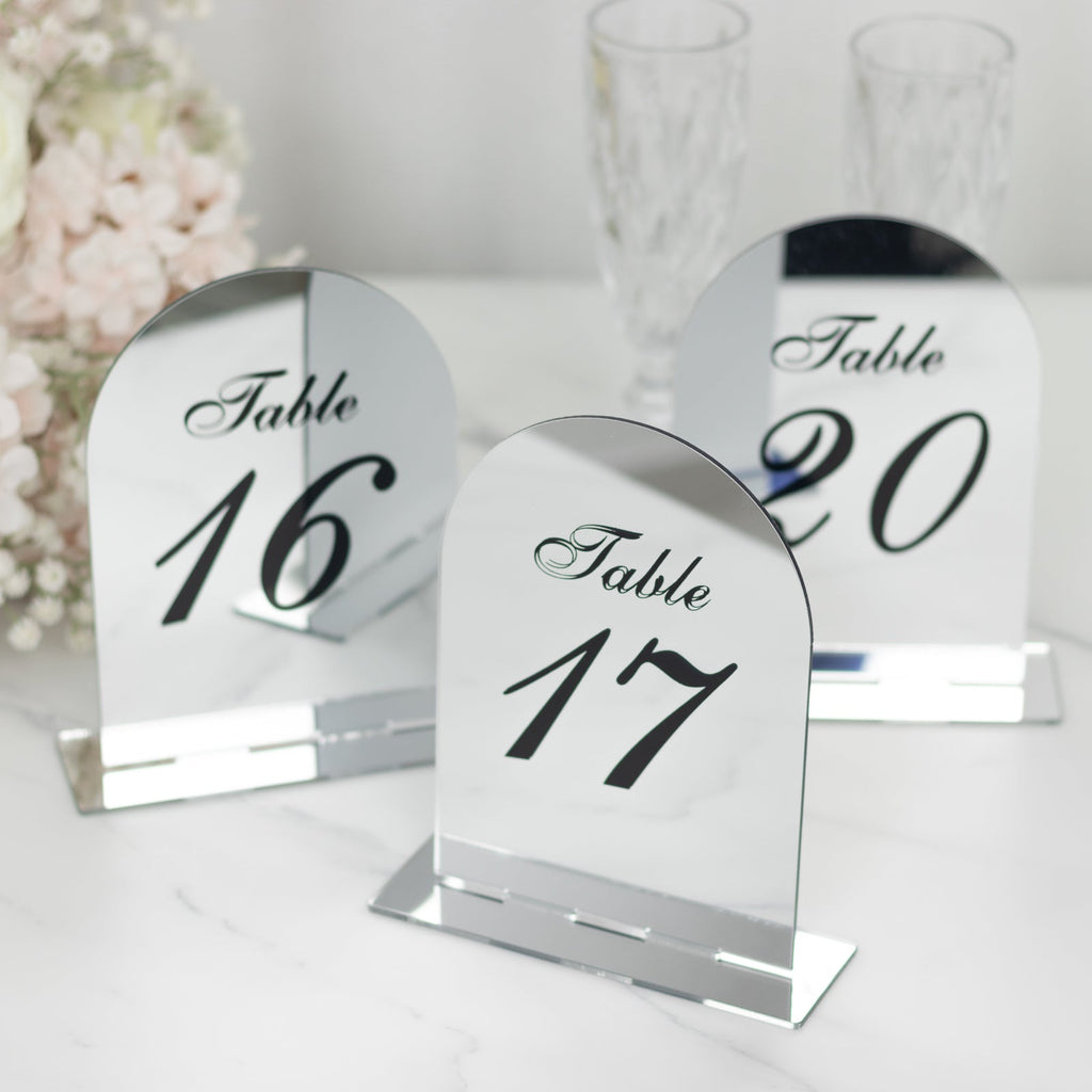Silver Mirror Arch Acrylic Table Numbers (11 - 20) - 6"x7" Wedding Reception Signs with Black Print & Stands - Bell Racket Store