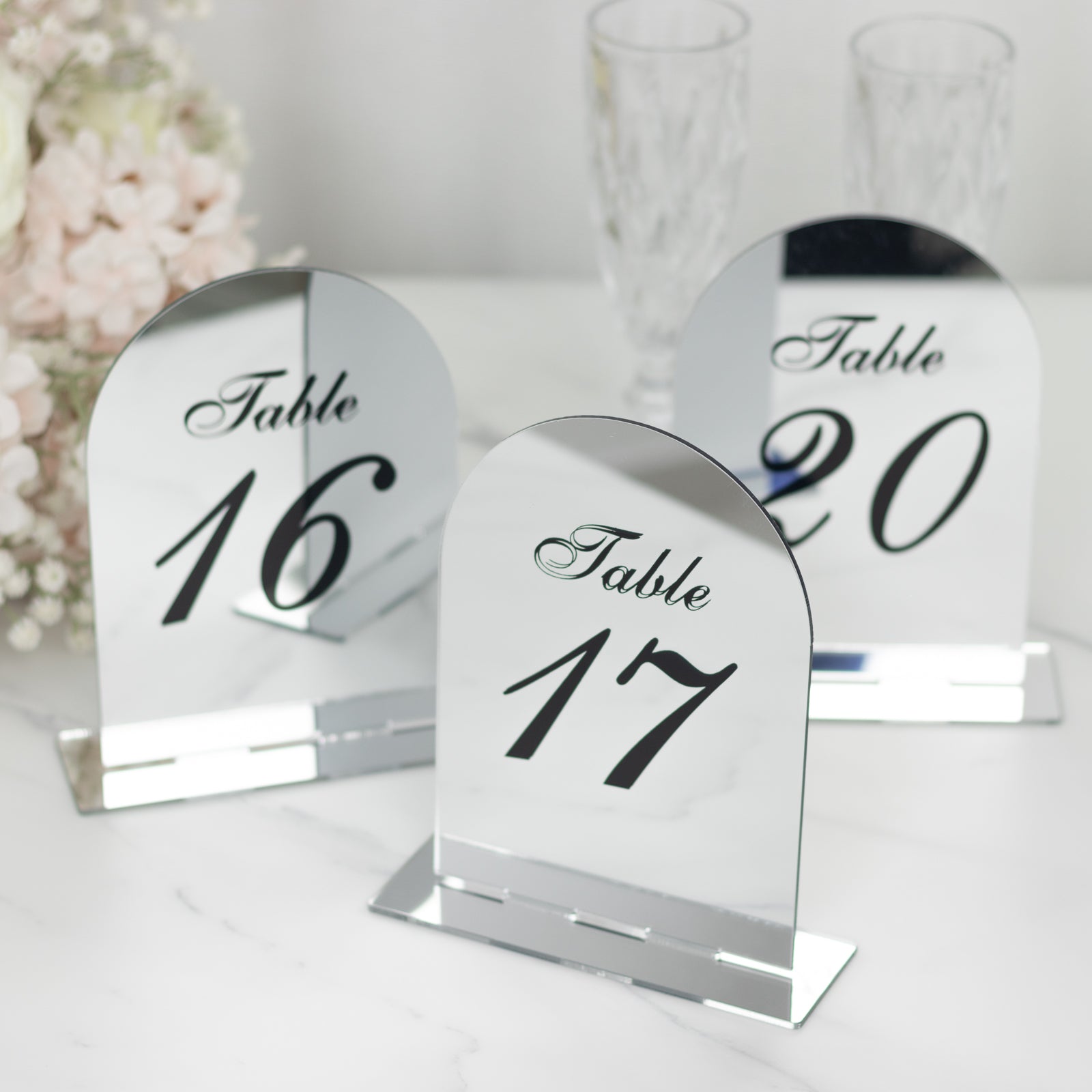 Silver Mirror Arch Acrylic Table Numbers (11 - 20) - 6"x7" Wedding Reception Signs with Black Print & Stands - Bell Racket Store
