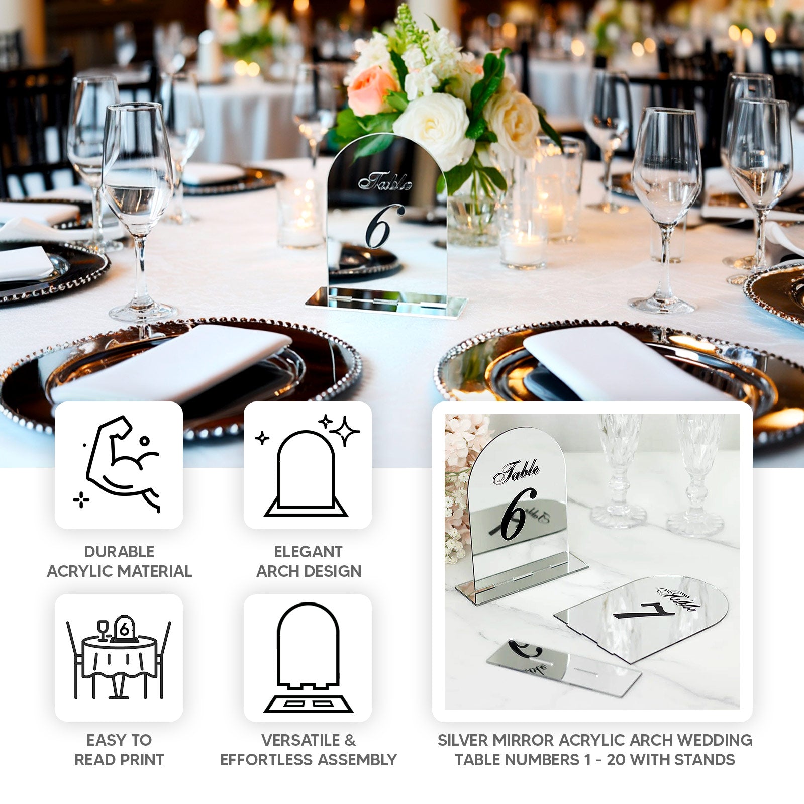 Silver Mirror Arch Acrylic Table Numbers (11 - 20) - 6"x7" Wedding Reception Signs with Black Print & Stands - Bell Racket Store