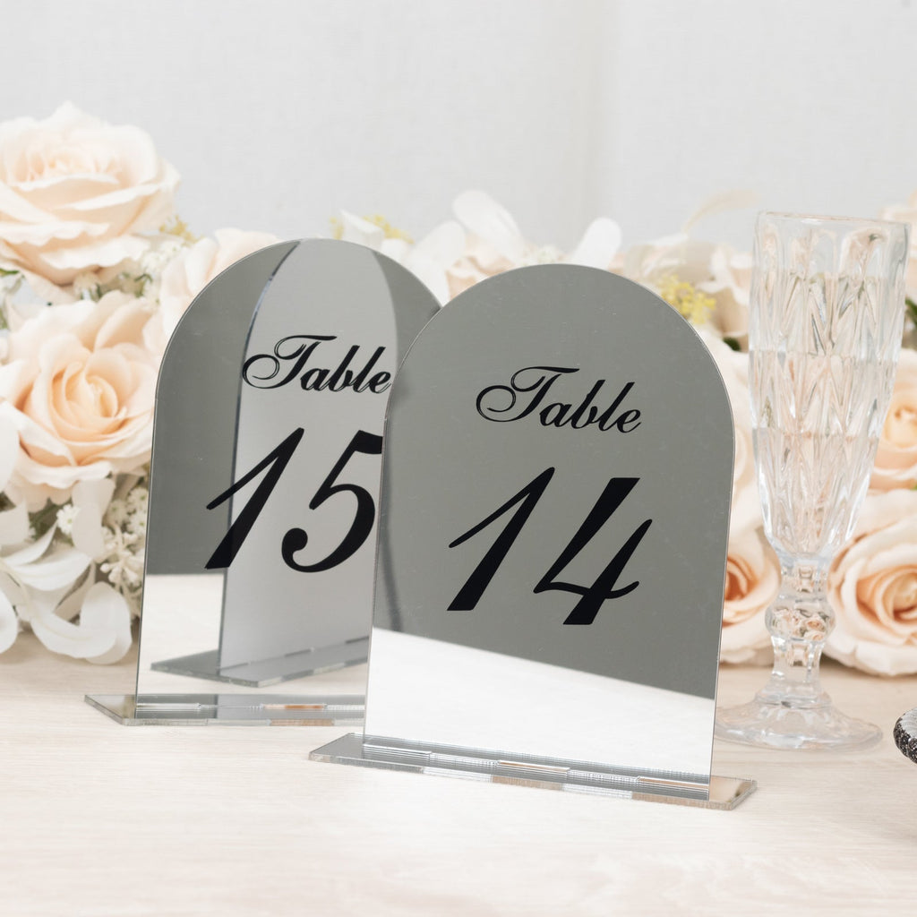 Silver Mirror Arch Acrylic Table Numbers (11 - 20) - 6"x7" Wedding Reception Signs with Black Print & Stands - Bell Racket Store