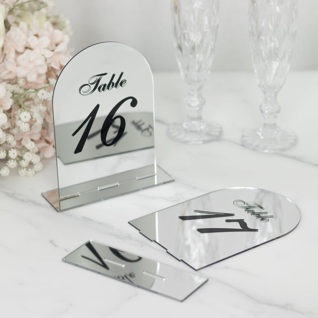 Silver Mirror Arch Acrylic Table Numbers (11 - 20) - 6"x7" Wedding Reception Signs with Black Print & Stands - Bell Racket Store