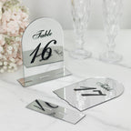 Silver Mirror Arch Acrylic Table Numbers (11 - 20) - 6"x7" Wedding Reception Signs with Black Print & Stands - Bell Racket Store